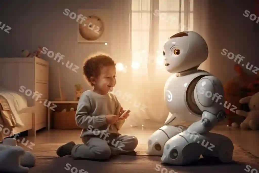 Tabassumli yoqimli kichkina robot bola bolalar bog'chasi fonida | Smiling cute little robot boy background nursery