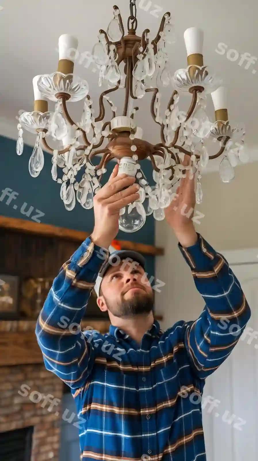 Elektrikchi avizaga LED lampalarni o'rnatmoqda | Electrician is installing led light bulbs into chandelier