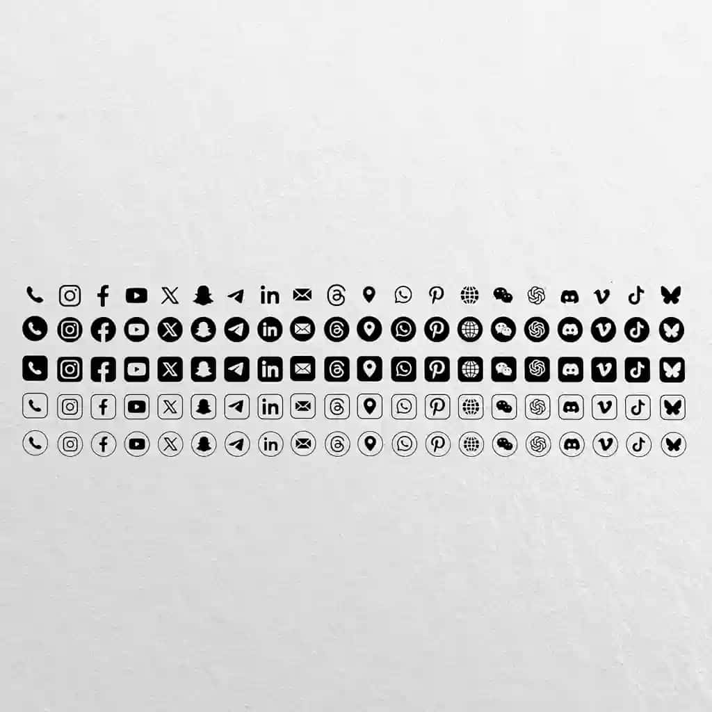 Turli xil onlaynlarni ifodalovchi minimalist qora oq ijtimoiy media piktogrammalari | Minimalist black white social media icons representing various online
