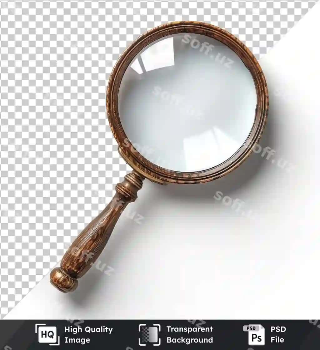 Jigarrang yog'och dastali oq qog'ozli kattalashtiruvchi shaffof shaffof | Magnifier with brown wood handle white paper isolated transparent