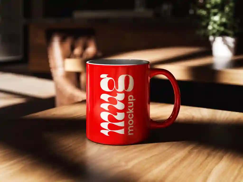 Haqiqiy qizil qahva kupasi maketi kafe sozlamalari | Realistic red coffee mug mockup cafe setting