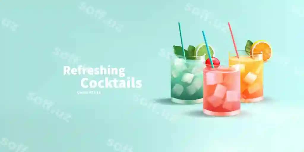 3D tetiklantiruvchi yozgi kokteyllar muzli real tasvir rangli | 3d refreshing summer cocktails drinks with ice realistic image colored