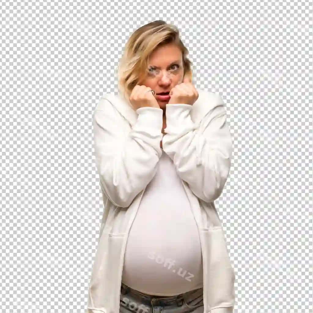 Homilador qizil qullinga ega, oq ko'ylak kiygan ayol bir az tashvishlangan. | Pregnant blonde woman with white sweatshirt is little bit nervous