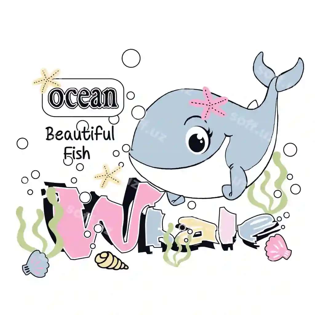 Chiroyli bala fil vektor ko'k okean | Cute baby whale vector blue ocean