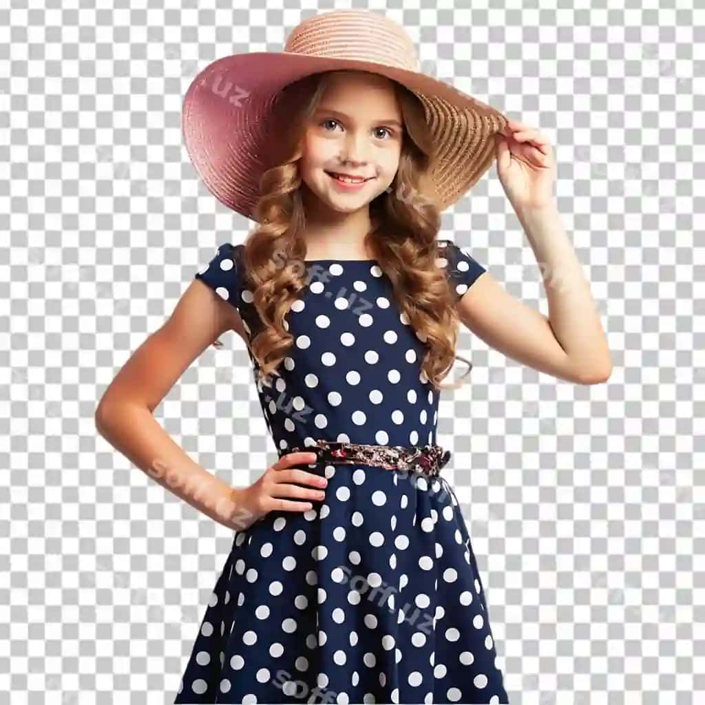 Shaffof fonda o'tirgan qizcha nuqtali shlyapa | Girl polka dot dress hat sitting transparent background
