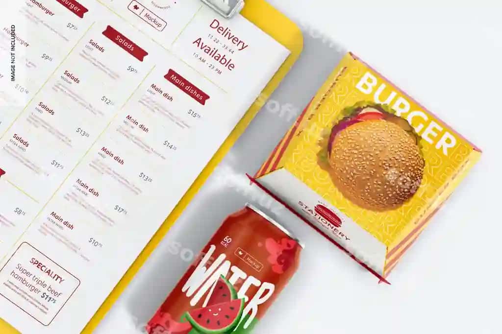 Burger qutisi maketi bilan ish yuritish buyumlari | Stationery with burger box mockup close up
