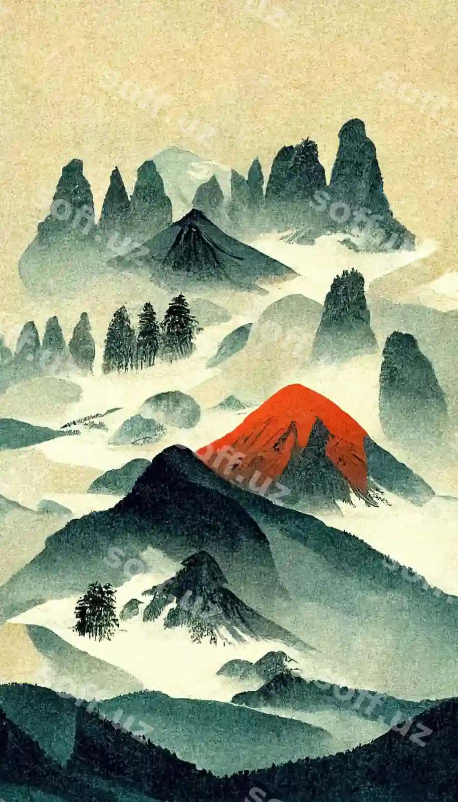 Mavhum san'at tog 'manzarasi akvarel siyoh uslubi Yaponiya tabiat fon 3D illyustratsiya | Abstract art mountain landscape watercolor ink style japan nature background 3d illustration