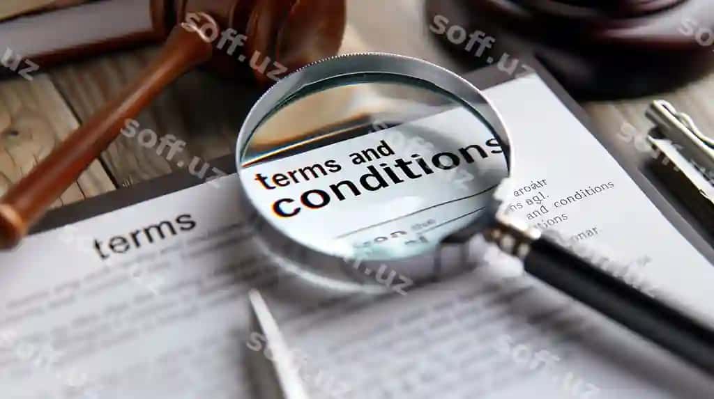 Qonuniy shartnoma bo'yicha kattalashtirilgan tasvirlab beruvchi kalit so'zlar, shartlar va shartlar ramzlarining qonuniy mas'uliyatni aks ettiruvchi katta suratga ega binocular | Magnifying glass zooming legal contract with key phrases terms conditions symbolizing legal accountability