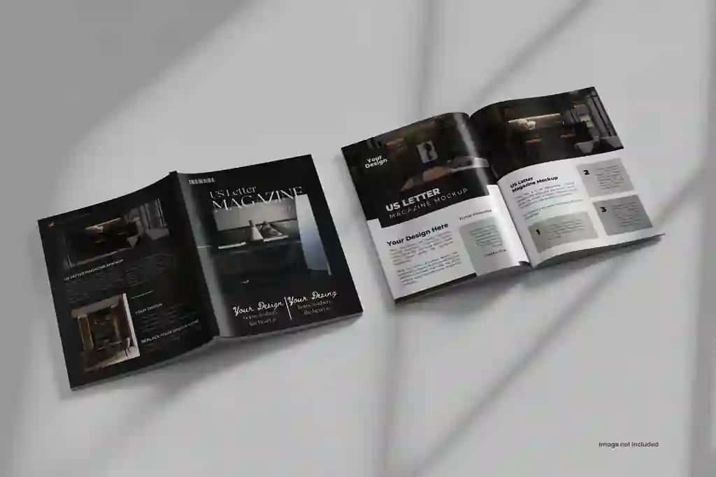 Ochiq ko'rinishda bizga xat jurnali maketi | Open view cover us letter magazine mockup