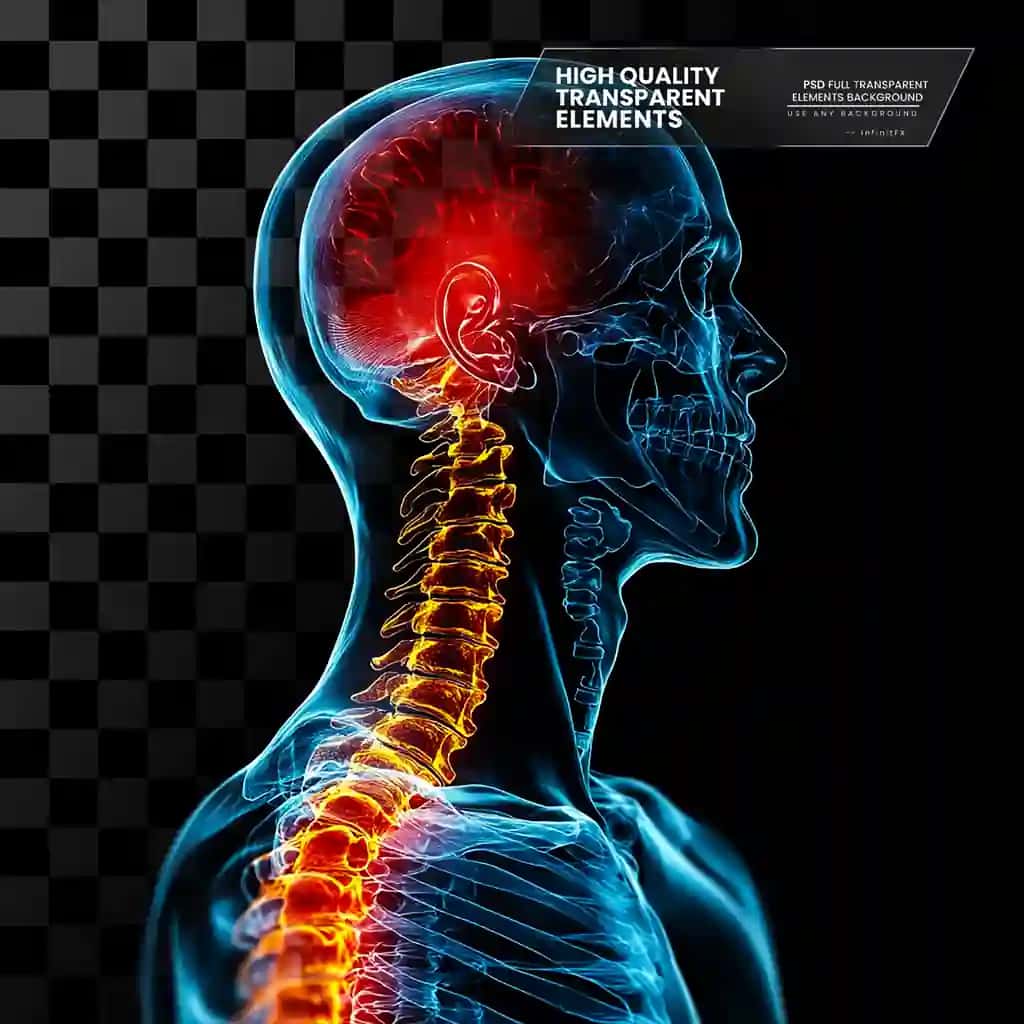 Ajratilgan joylar shaffof bo'yin og'rig'ini ko'rsatadigan grafik rentgen | Graphic xray showing neck pain with highlighted areas transparent