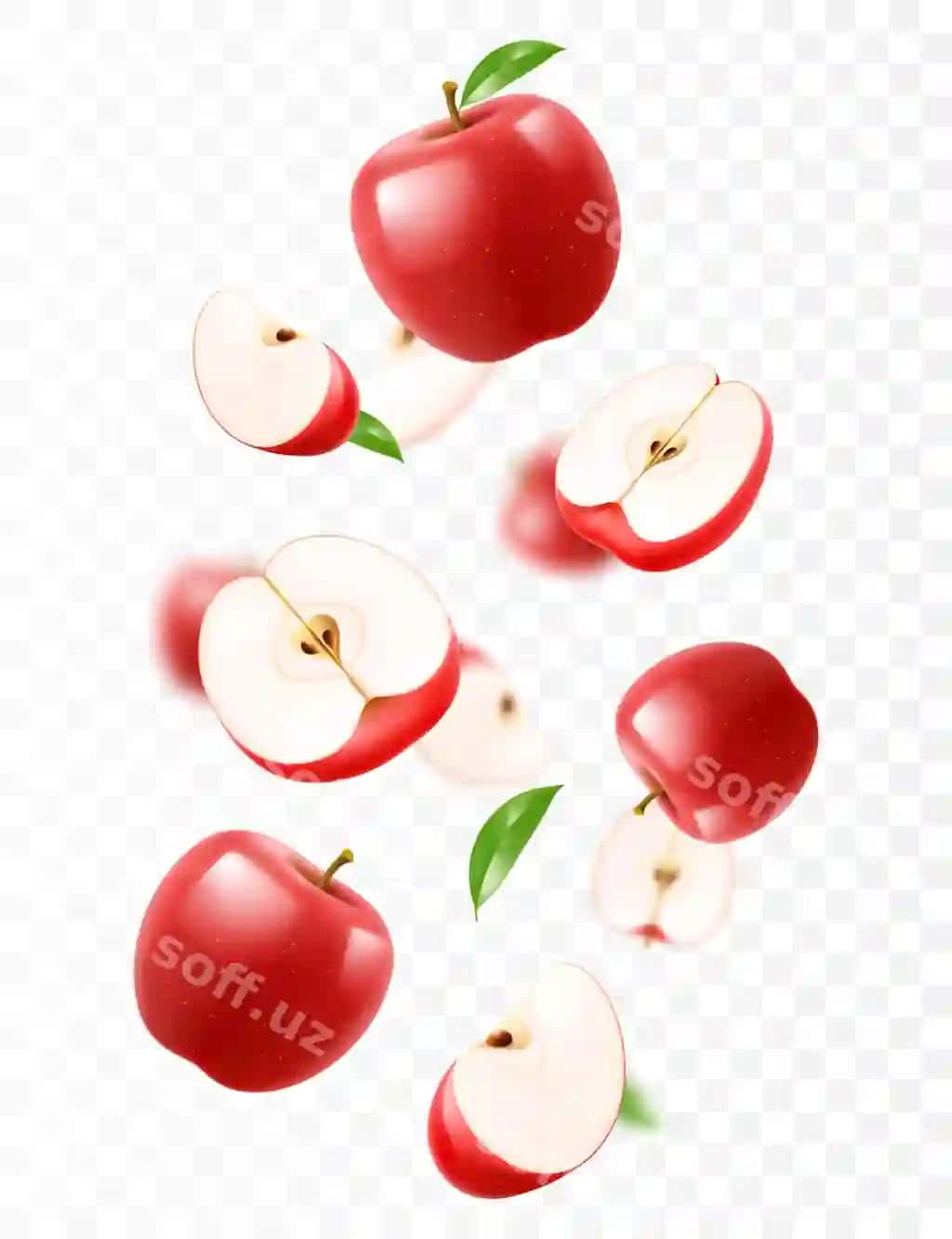 Uchib ketayotgan qizil suvli olma yorqin reklama fonida qizil rangga bo'yalgan | Flying red juicy apples bright advertising background falling red