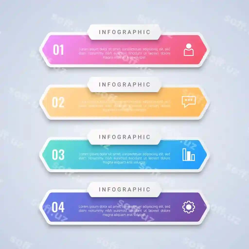 Rangli 4 bosqichli infografika shabloni 4 bosqich etiketklari ish jarayoni bilan | Colorful 4 steps infographic template with 4 step labels workflow