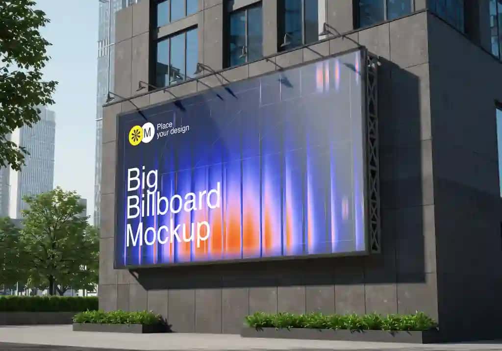 Zamonaviy binoning tashqi ko'rinishidagi katta reklama taxtasi maket | Large billboard mockup modern building exterior