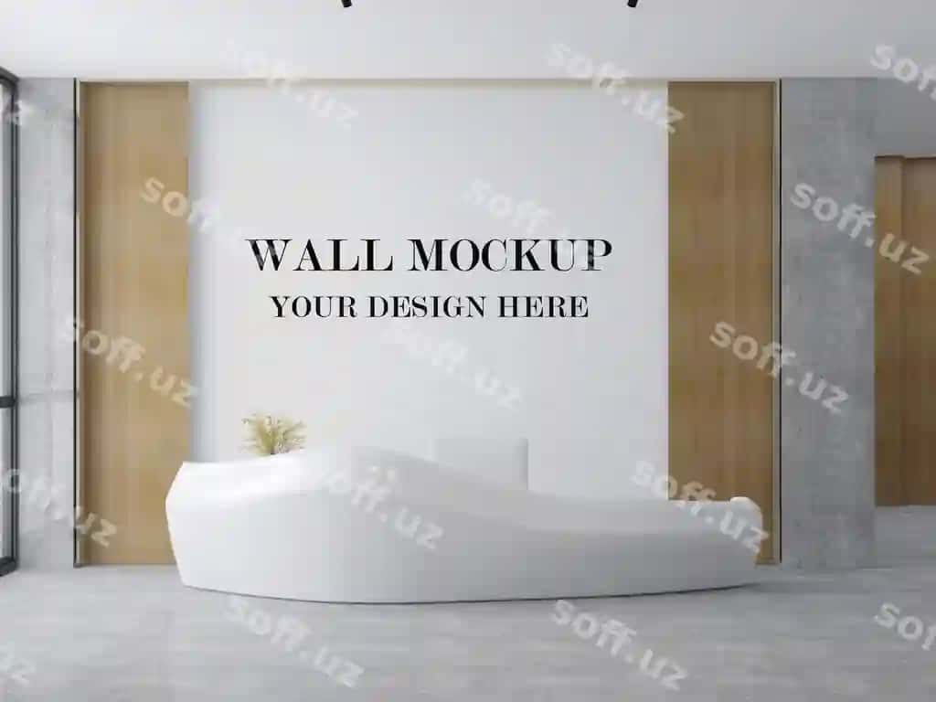 Futuristik qabulxona bilan qabulxona devori maketi | Lobby wall mockup with futuristic reception desk