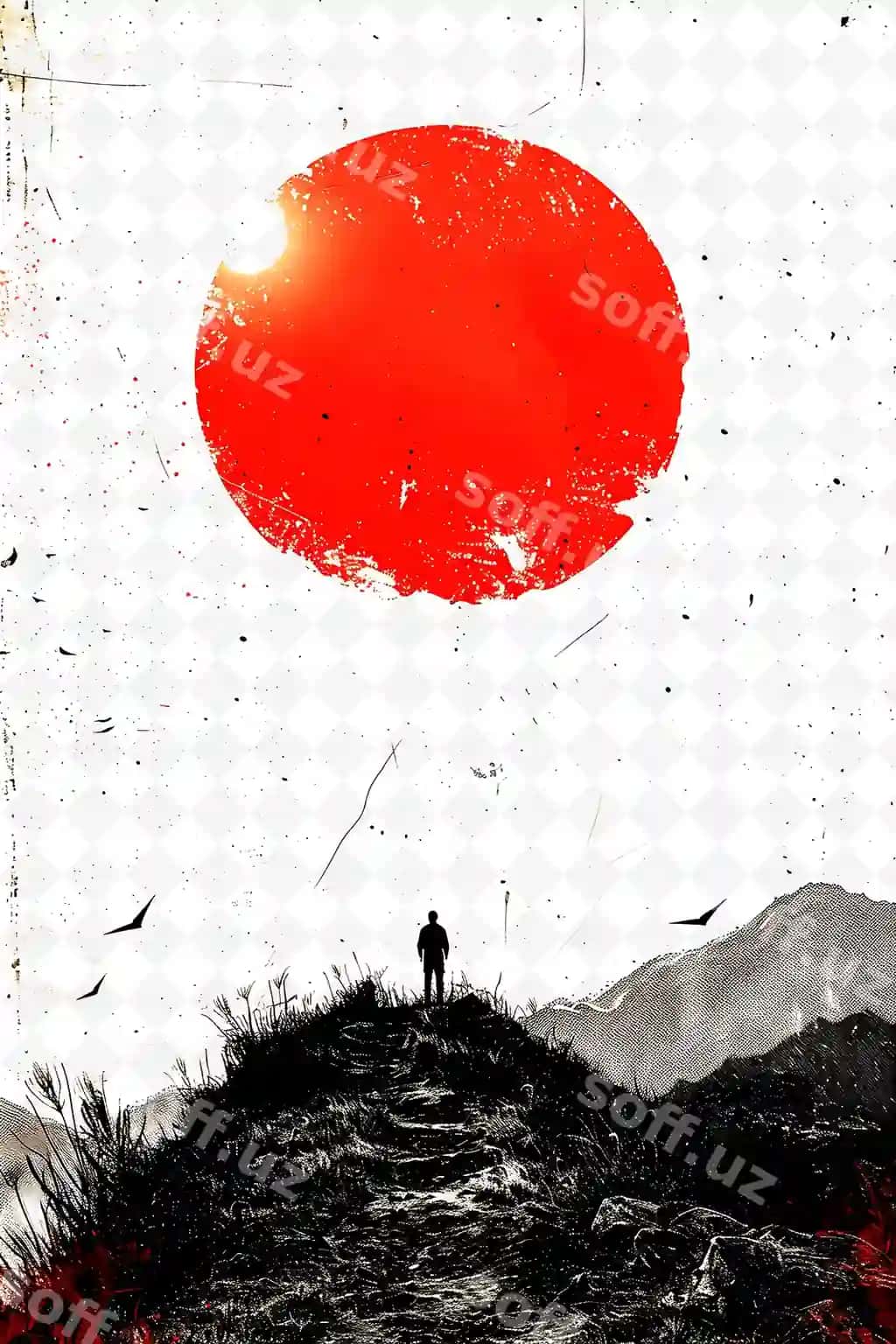 Erkak qizil doira fonida tepalikda turibdi | Man stands hill with red circle background