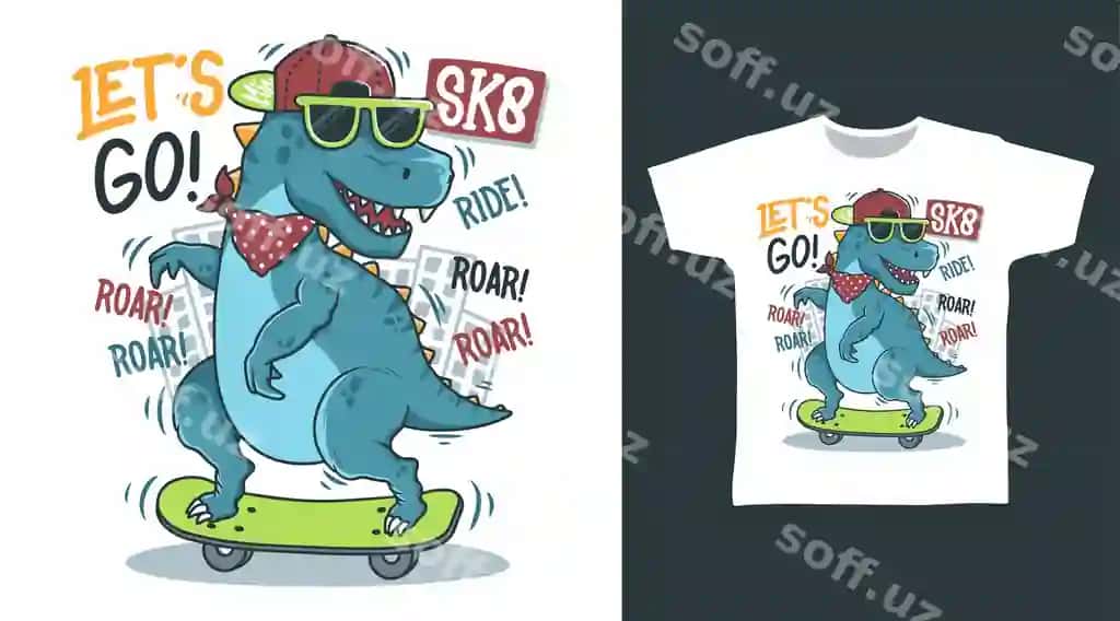Dinozavr skeytbordi ko'cha vektorli ko'ylagi dizaynlari | Dinosaur skateboard street vector illustration tshirt designs