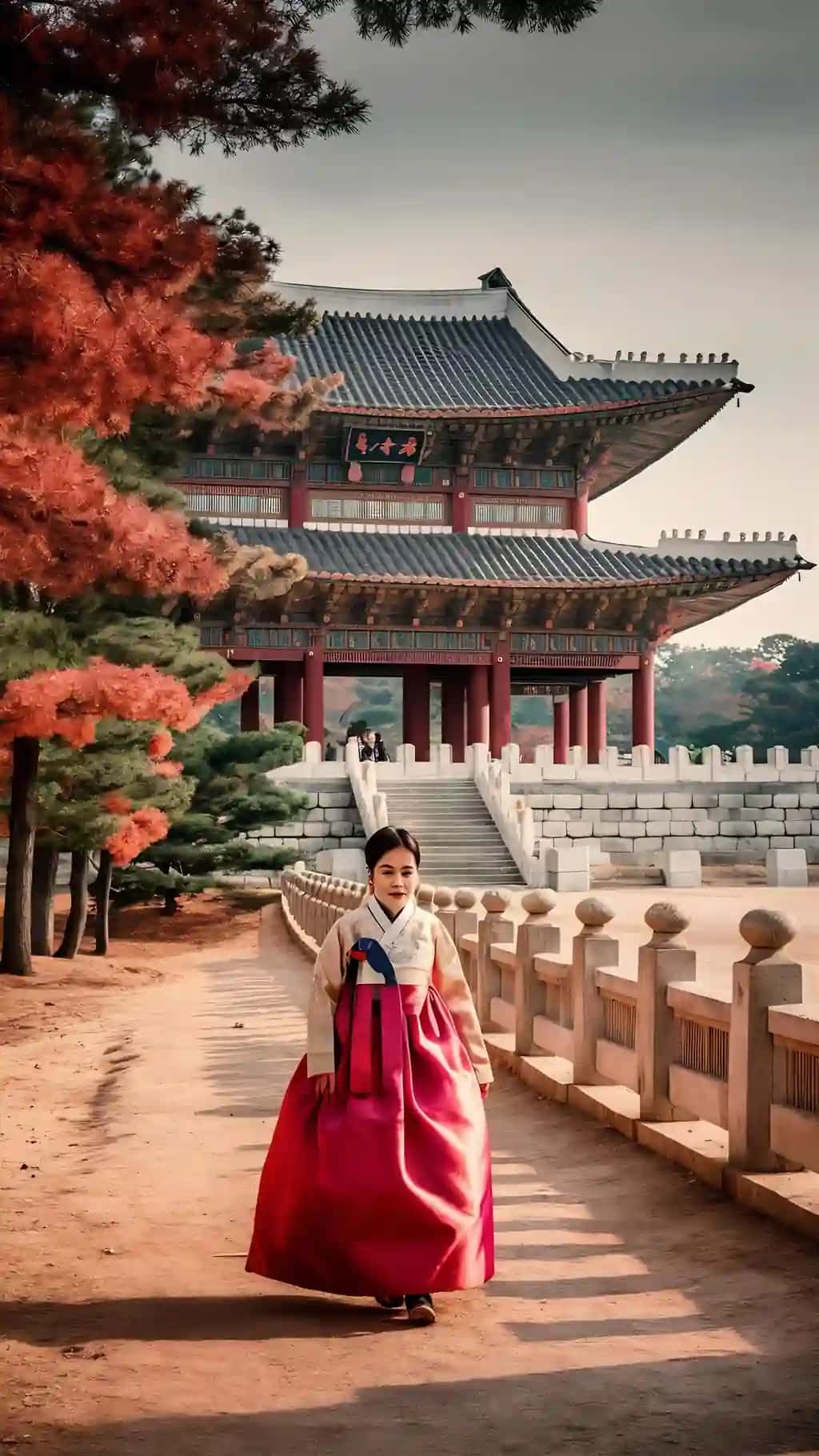 Koreys milliy libosi bilan Gyeongbokgung saroyi kuzi | Gyeongbokgung palace autumn with korean national dress