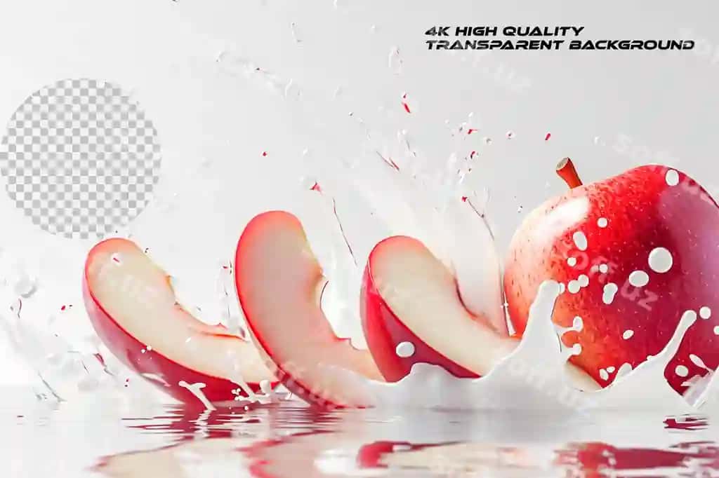 Sharbatli to'lqinli shaffof fonda pishgan olma bo'laklari | Ripe apple slices with juice wave isolated transparent background