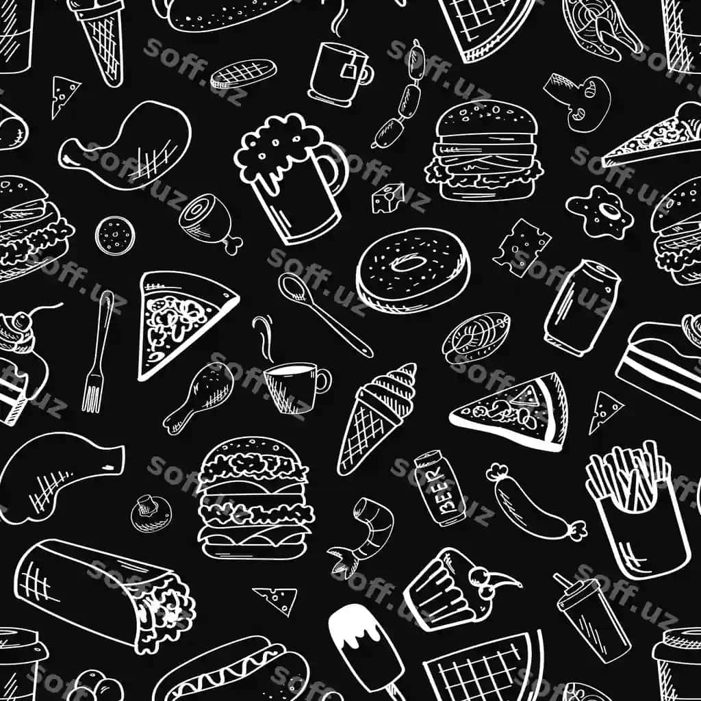 Oziq-ovqat muammosiz naqsh qora oq | Food seamless pattern black white
