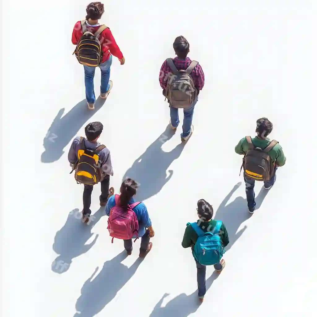 Guruh talabalari havodan ko'rinishda oq fonda ryukzaklari bilan orqalarida yurishmoqda | Group students walking white background from aerial view with backpacks their back