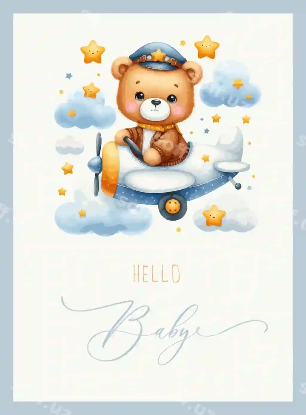 Chiroyli bolalar uchun dasturxon suvarabon taklifnoma kartochkasi ayiq pilot samolyoti bilan | Cute baby shower watercolor invitation card with bear pilot airplane