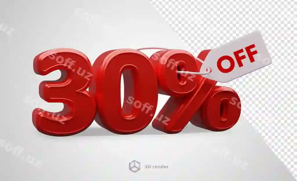 3D qizil sign o'ttiz foiz chegirma belgisi | 3d red sign with thirty percent discount symbol