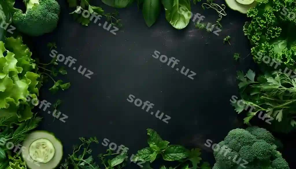 Yashil hovooshti sog'lom organik taomlar ramkada qora fonda tekkan ko'rinishda flat lay nusha joyi | Frame green raw vegetables black background top view healthy organic food flat lay copy space