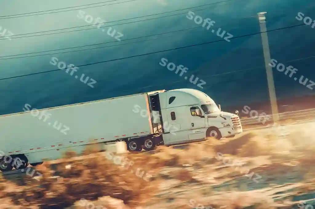 Tez harakatlanuvchi zamonaviy yarim tirkama yuk mashinasi cho'l avtomagistrali | Speeding modern semi trailer truck desert highway