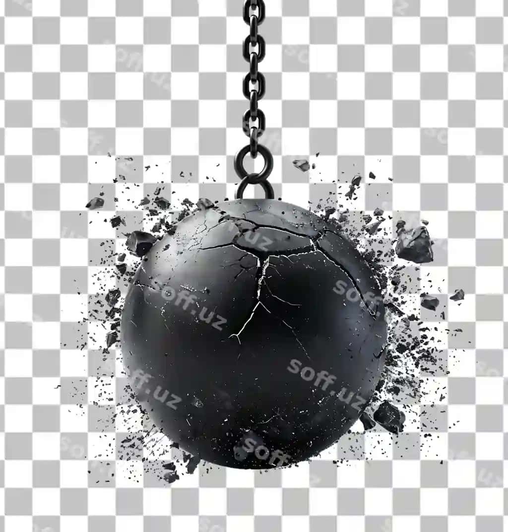 Qora silkitayotgan devorga urilib tushadigan binoni yo'q qilish to'pi shaffof fon | Black swinging wrecking ball crashing into wall transparent background