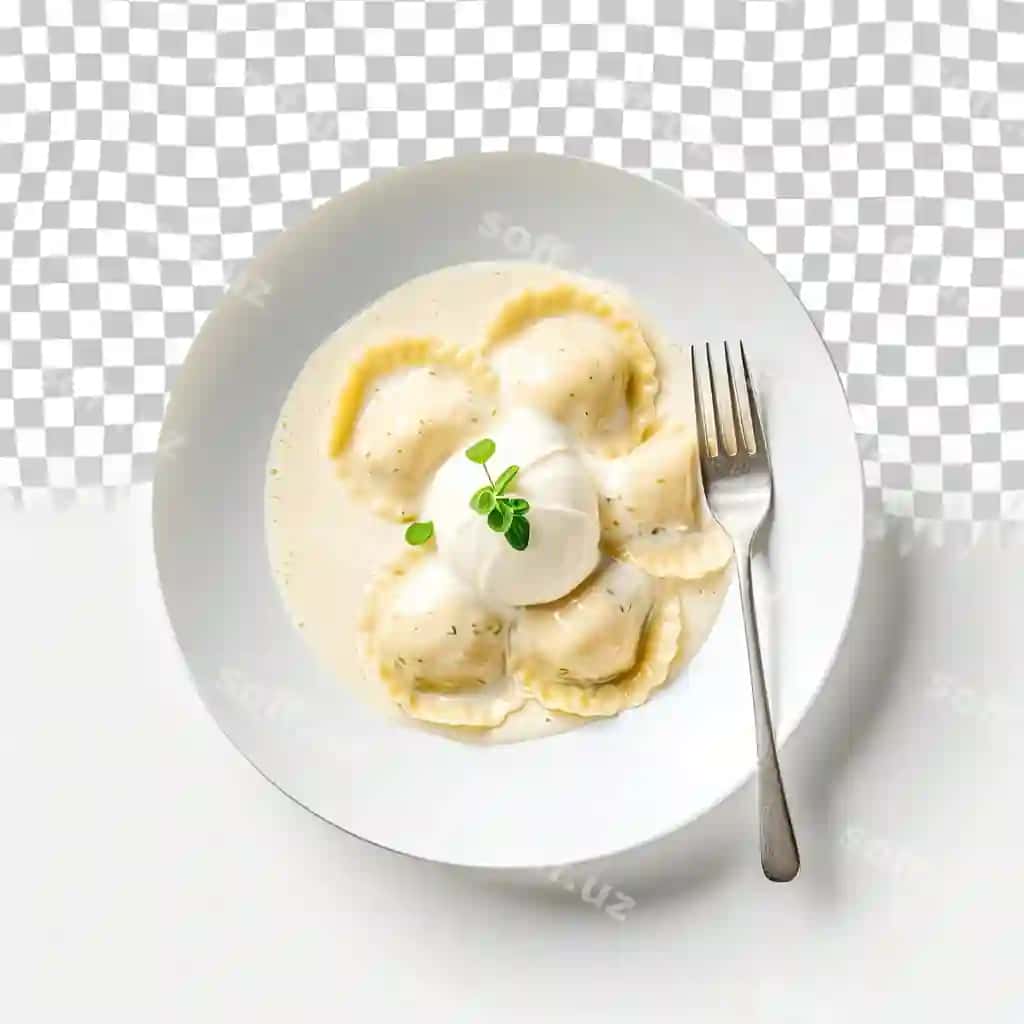Italiya ravioli smetana vilkasi shaffof fon minimalizmi | Italian ravioli sour cream fork transparent background minimalism