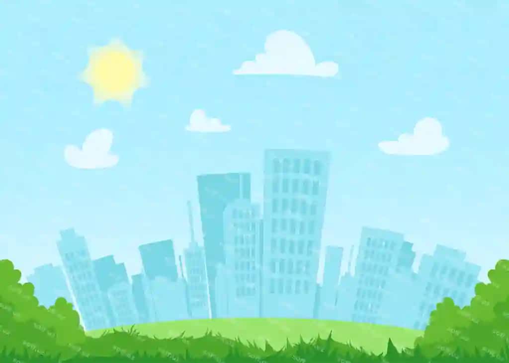 Moviy osmon oq bulutlar quyoshli zamonaviy shahar silueti bilan tekis shahar manzarasi kuni | Flat cityscape day with blue sky white clouds sun modern town skyline