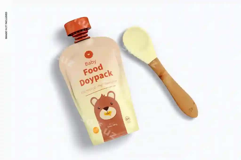 Bolalar ovqati doypack qoshiq namunasi | Baby food doypack spoon mockup