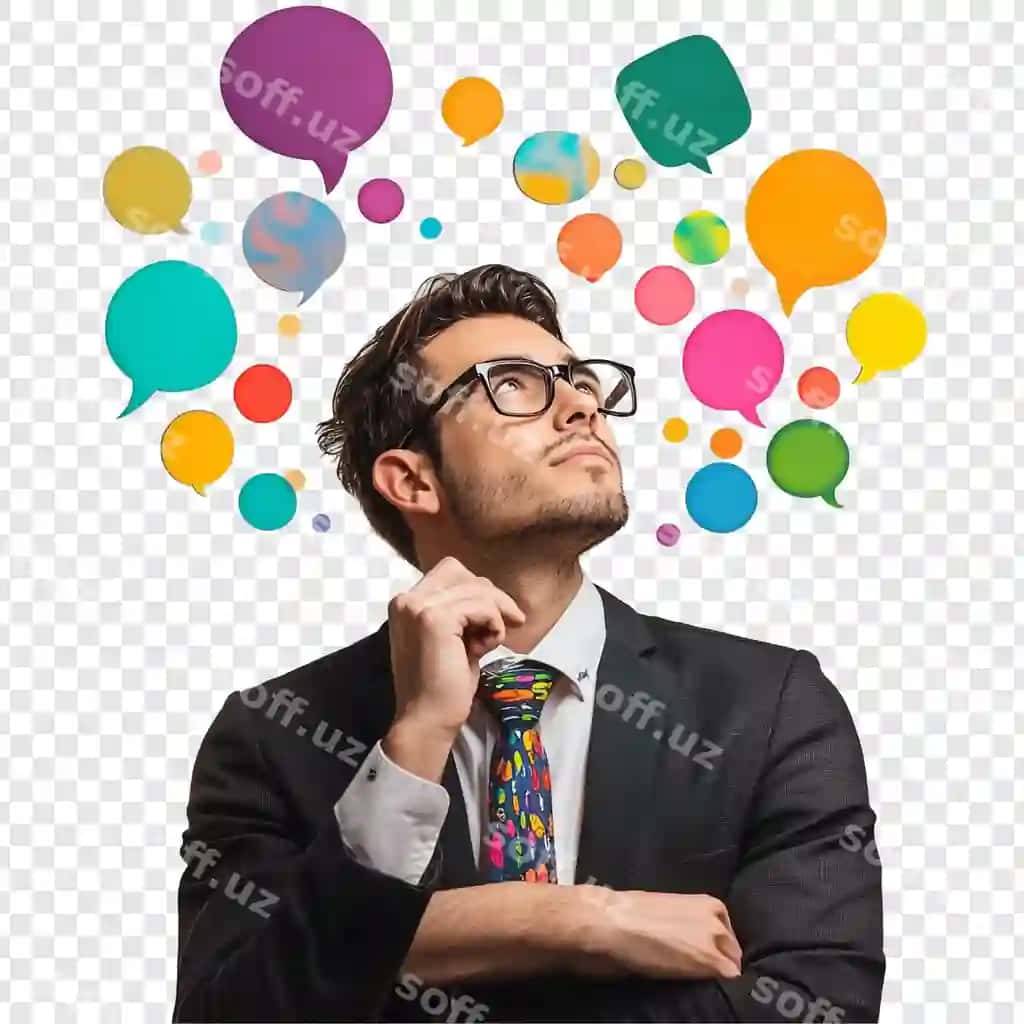 Rangli nutq pufakchalari bilan o'ychan odam | Thoughtful man with colorful speech bubbles