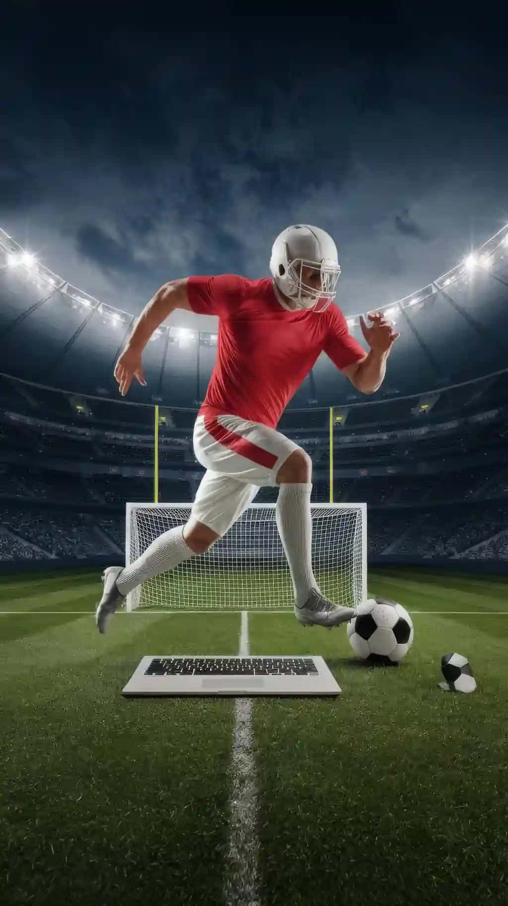 Noutbukda ishlayotgan sportchi o'yinchi gol stadion chiroqlari | Sports betting football player running laptop score goal stadium lights