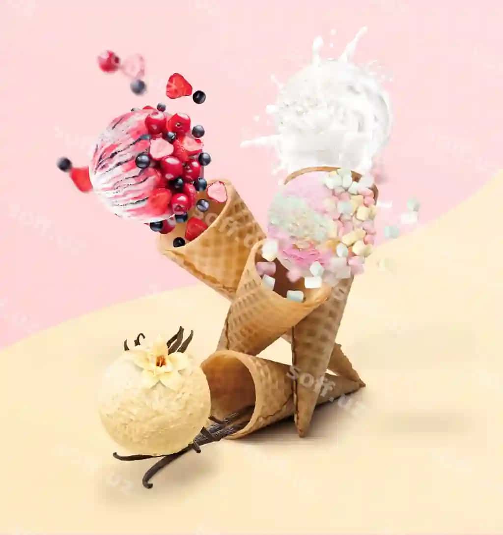 3d illustratsiya muzza konlar meva yog'urti vanil tabiiy yog'urti marshmallow taqlamlari bilan | 3d illustration ice cream cones with fruit yogurt vanilla natural yogurt marshmallow flavors