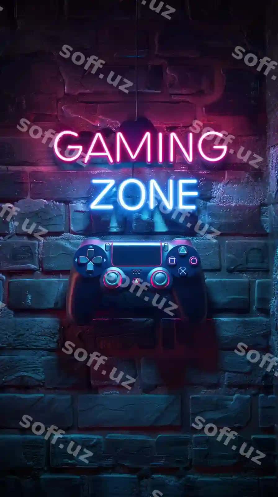 Yoritilgan o'yin boshqaruvchisi quyuq g'isht devori bilan o'yin zonasi belgisi | Gaming zone sign with illuminated game controller dark brick wall
