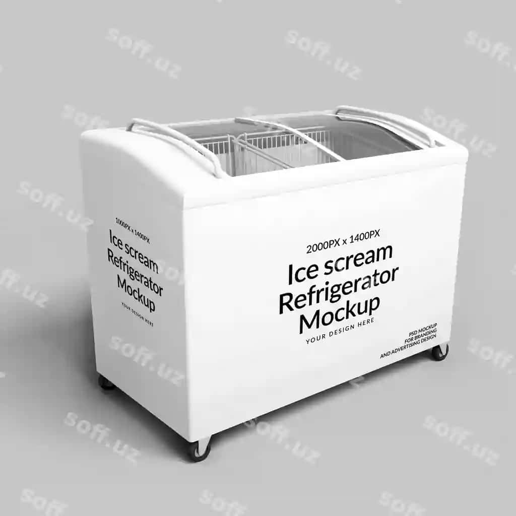 Muzza sovuq xavfi namuna yon ko'rinishi | Ice scream refrigerator mockup side view