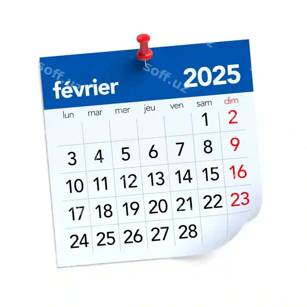 Fevral takvimi 2025 fransuz tili ajralangan oq fonda 3d illustratsiya | February calendar 2025 french language isolated white background 3d illustration