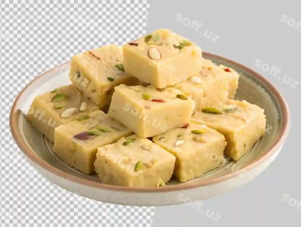 Hind shirin burfi kosasi shaffof fon | Indian sweet burfi bowl transparent background