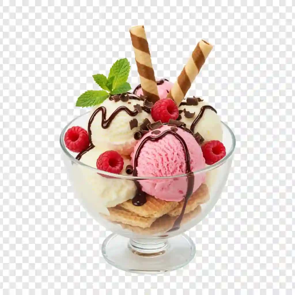 Yangi uzilgan rezavorlar bilan shaffof vafli mazali muzqaymoqli sundae | Delicious ice cream sundae with fresh berries wafers transparent