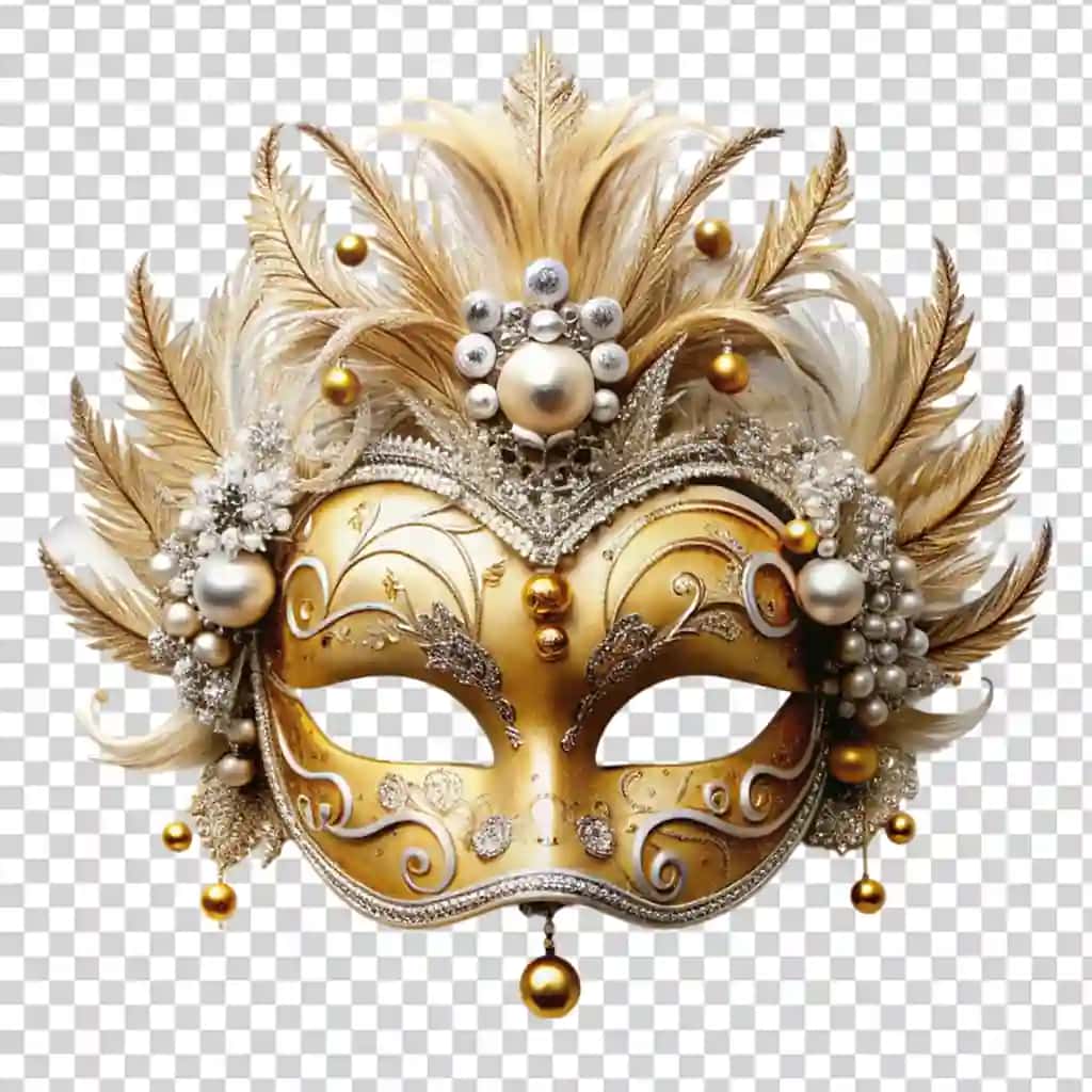 Shaffof fonda qizil oltin bezakli oltin niqob | Golden mask with red gold decorations top it transparent background