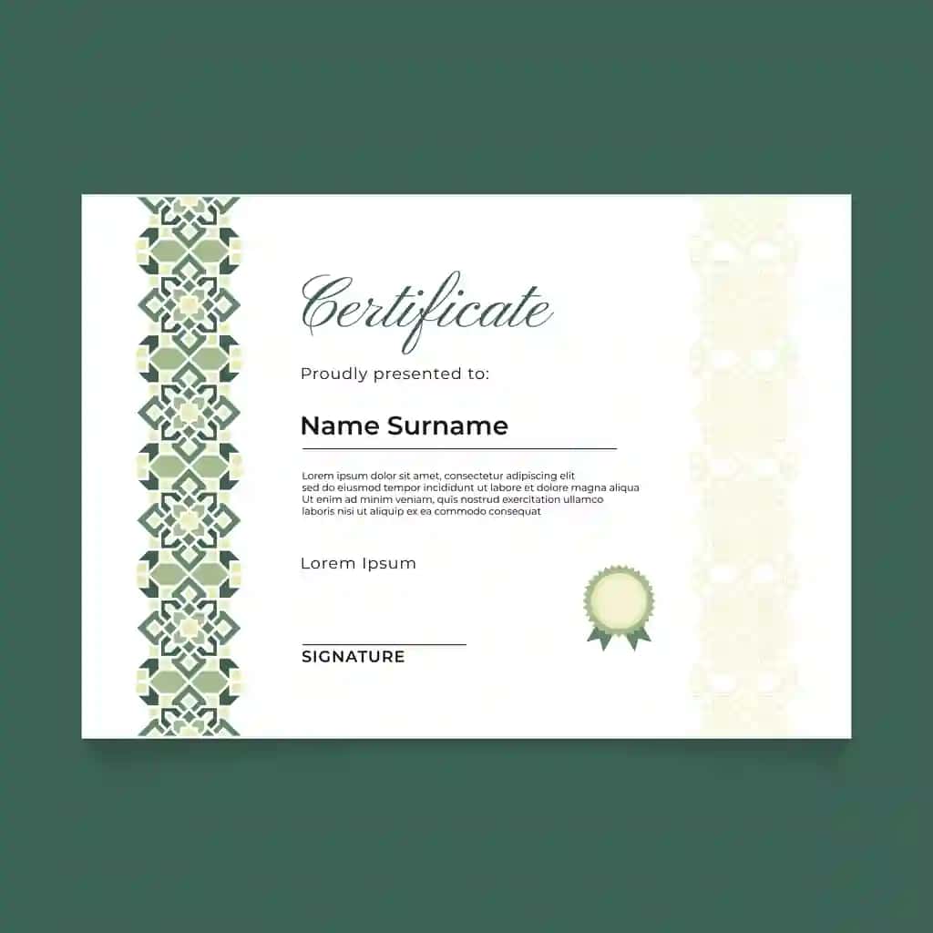 Yashil pastel islom vertikal naqshli sertifikat shablonining dizayni | Certificate template design with green pastel islamic vertical ornament