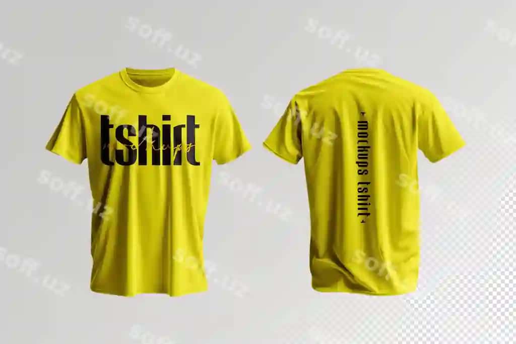 Maxsus futbolka maketi sariq old orqa kulrang fon | Custom tshirt mockup yellow front back grey background