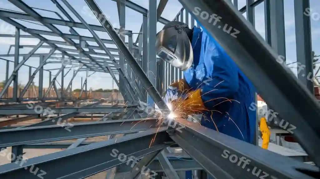 Malakali payvandchi himoya vositalarini ishlatib, po'lat konstruktsiyada uchqunlar yaratib, qurilish maydonchasida mahoratni namoyish etmoqda | Skilled welder protective gear working steel structure creating sparks showcasing craftsmanship construction site