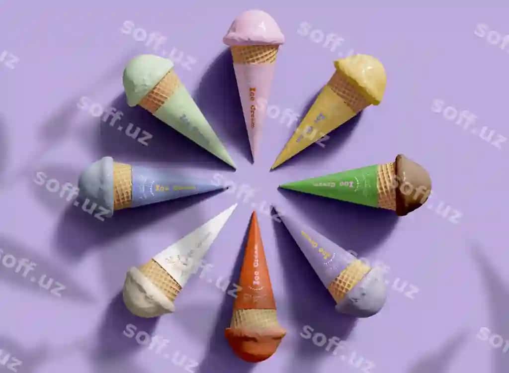 Sakkizta muzqaymoq konusining 3D yuqori ko'rinishi maketi | 3d top view eight ice cream cones mockup