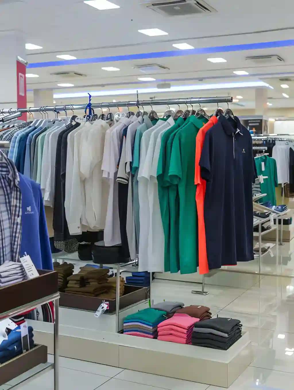 Qator moda polo futbolkalar erkaklar yog'och ilmoqli tokchalar kiyim butik chakana savdo do'koni | Row fashionable polo tshirts man wooden hanger rack clothing boutique retail shop