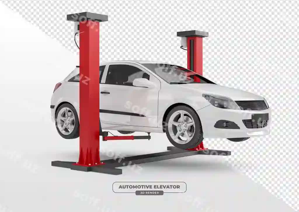 Avtomexanik ustaxonasi bilan avtomobil lifti shaffof bilan 3D render | Automotive elevator with car mechanic workshop 3d render with transparent