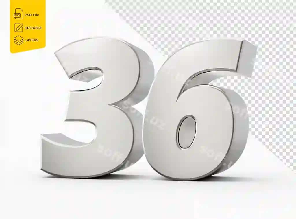 Kino uch o'lchovli sonlar 36 o'ttiz olti ajraltirilgan oq fonda uch o'lchovli illustratsiya | Silver 3d numbers 36 thirty six isolated white background 3d illustration