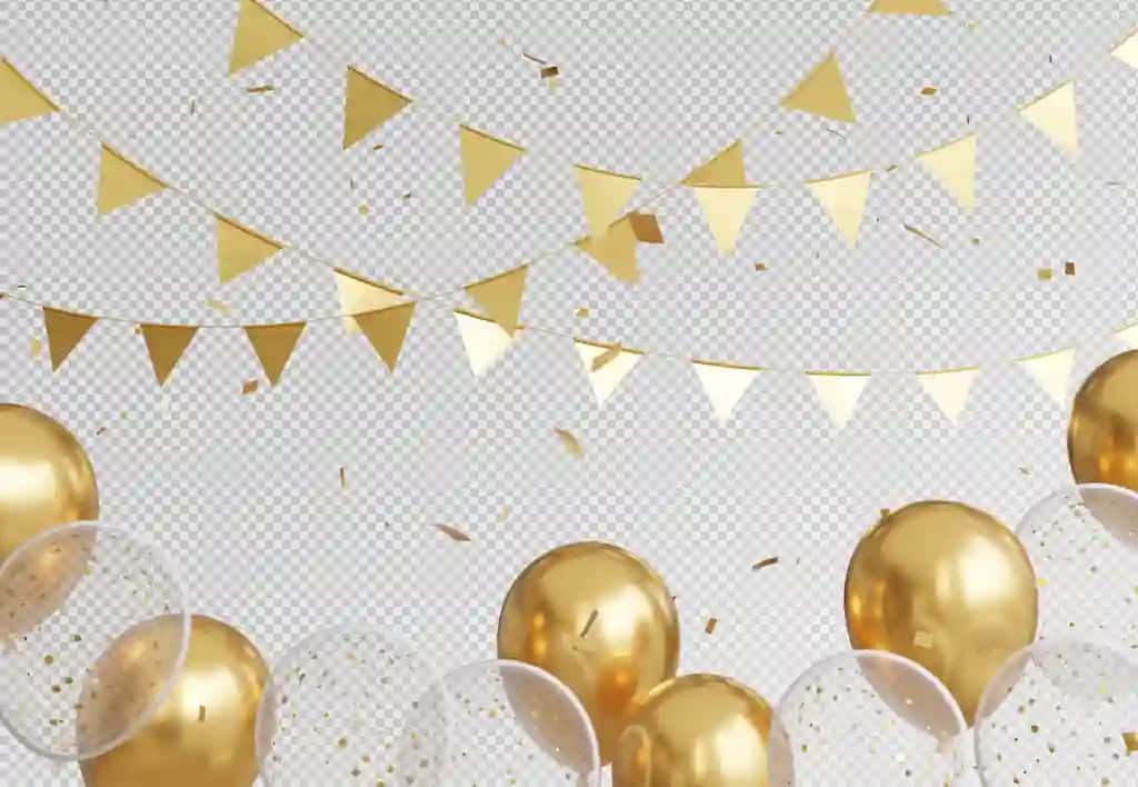 Bayroq gulchambar bayrami bilan 3D tasvirlangan oltin sharlar | 3d render golden balloons with flag garland celebration