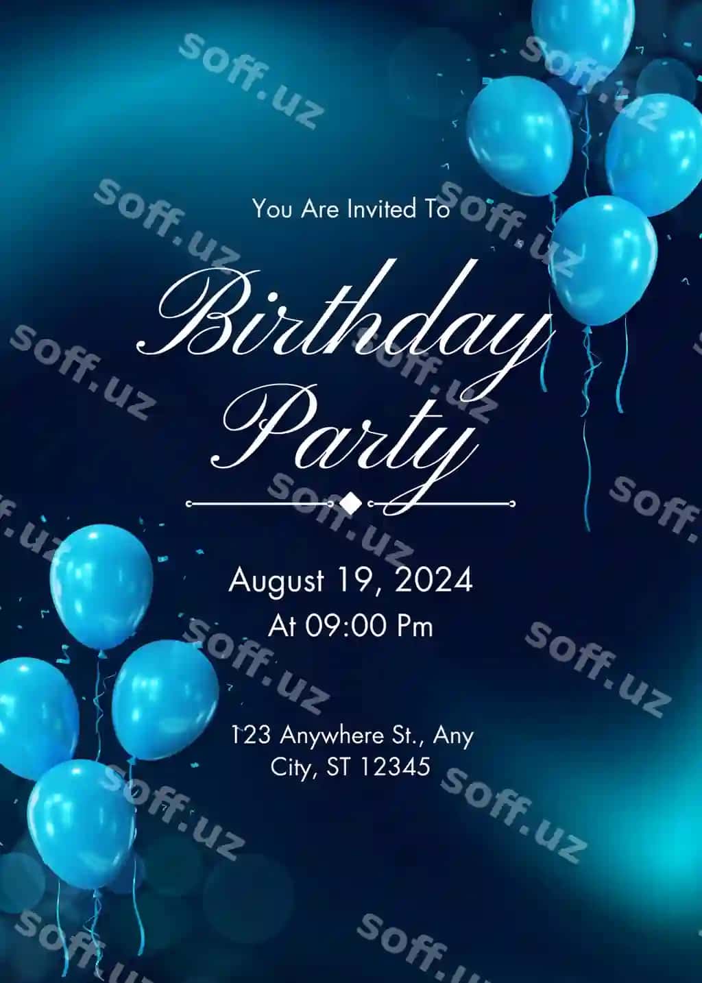 To'q ko'k tug'ilgan kun bazmi taklifnomasi 1 | Dark blue birthday party invitation 1